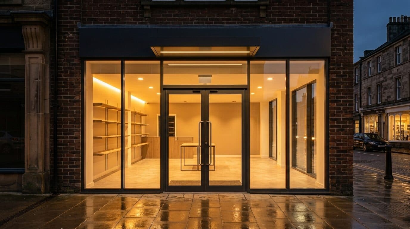 Aluminium shopfront with warm interior lighting at night